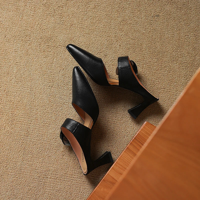 Garnet genuine leather heels, black pair with block heel and slingback strap