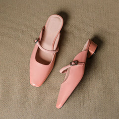 Pink Mary Jane mules, one front view and one side view, square buckle and block heel