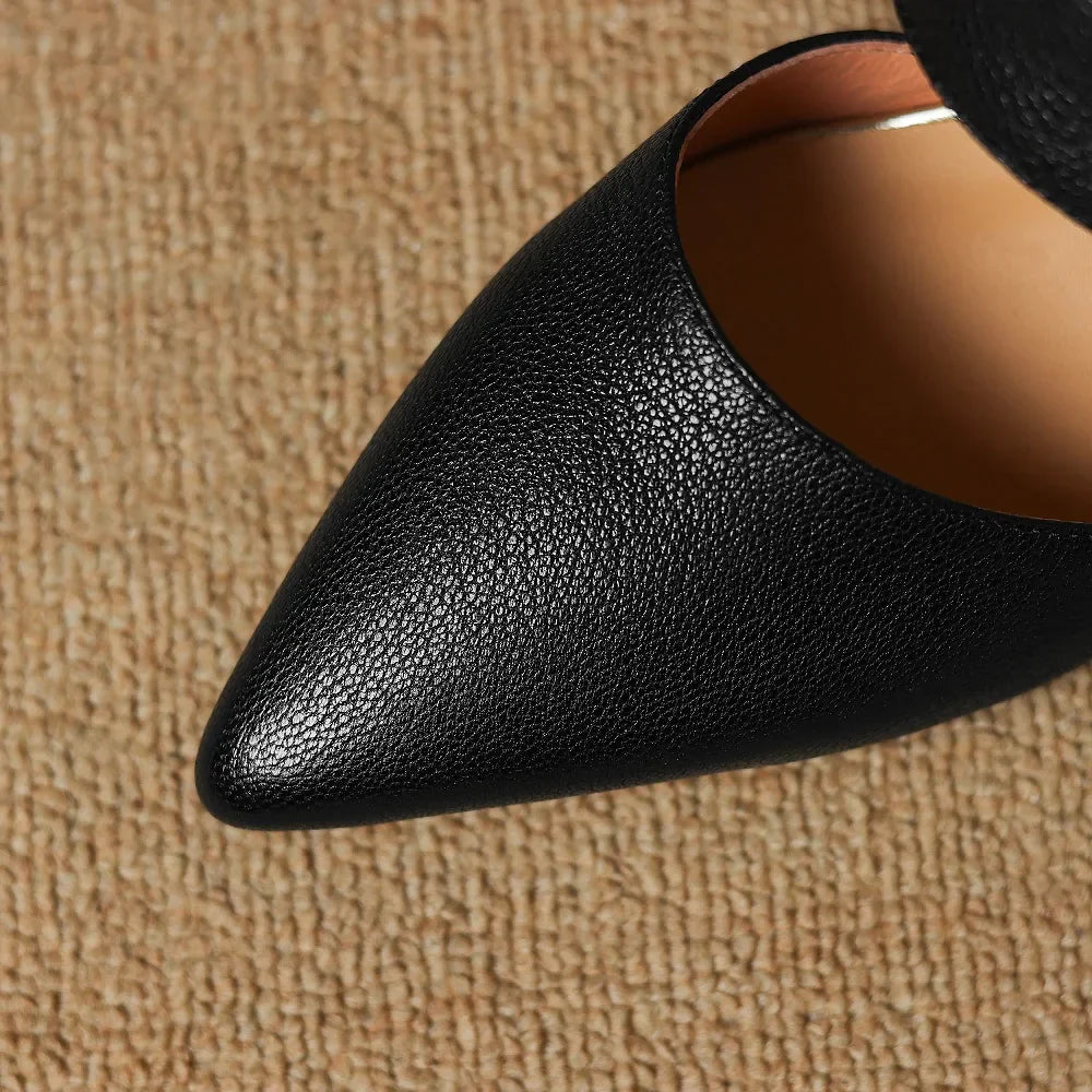 Garnet genuine leather heels, black pointed toe with textured finish close-up