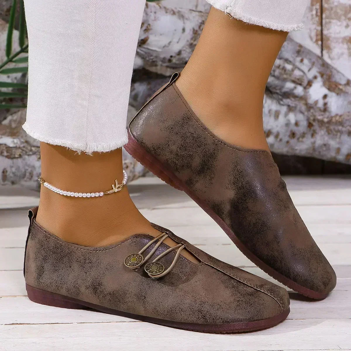 Women’s orthopedic suede loafers, brown slip-on style with lace and medallion buttons