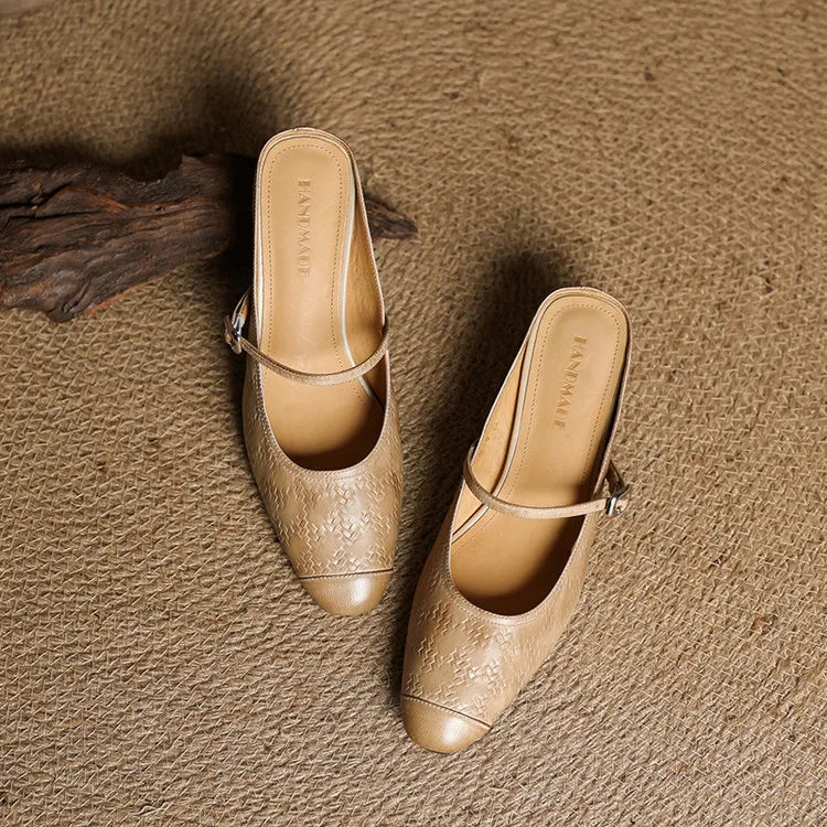 Apricot leather mules pair, slip-on design with ankle strap and low block heel