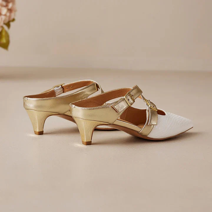 Genuine leather mule in white and gold with ankle strap, pointed toe, low heel