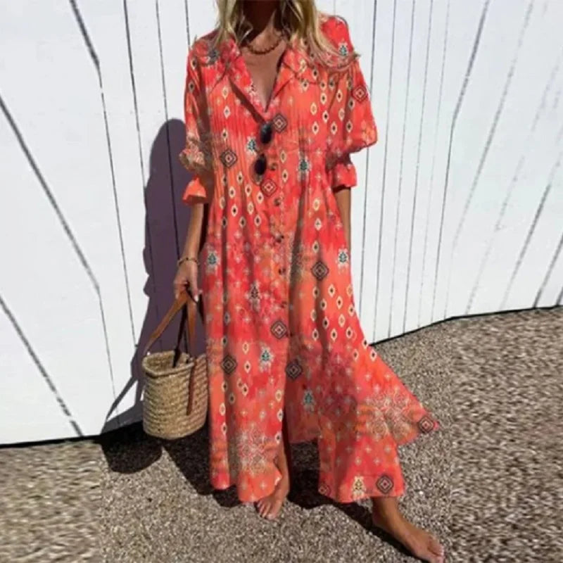 Boho maxi dress in coral red with ornate print, V-neck, flutter short sleeves