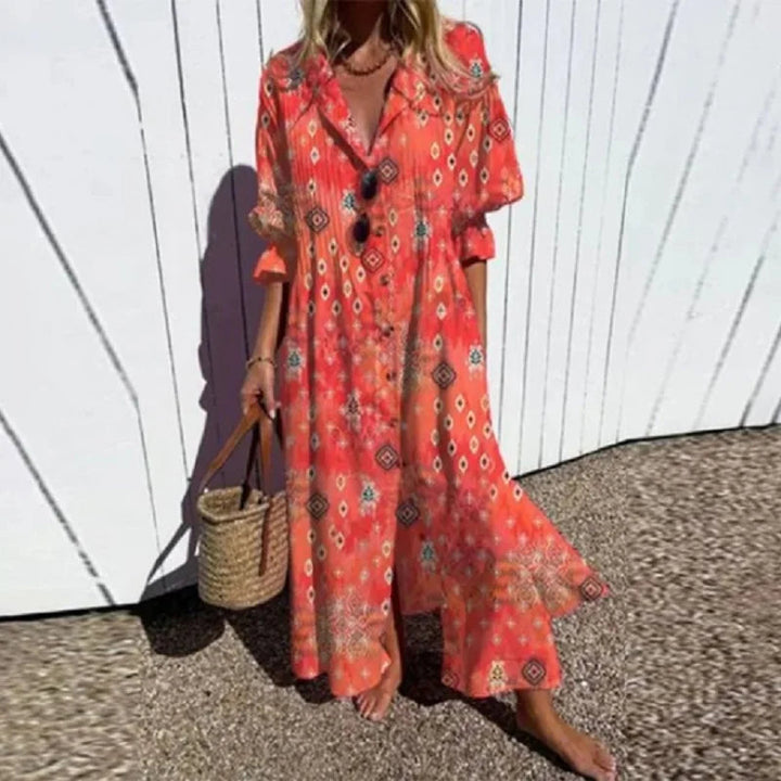 Boho maxi dress in coral red with ornate print, V-neck, flutter short sleeves