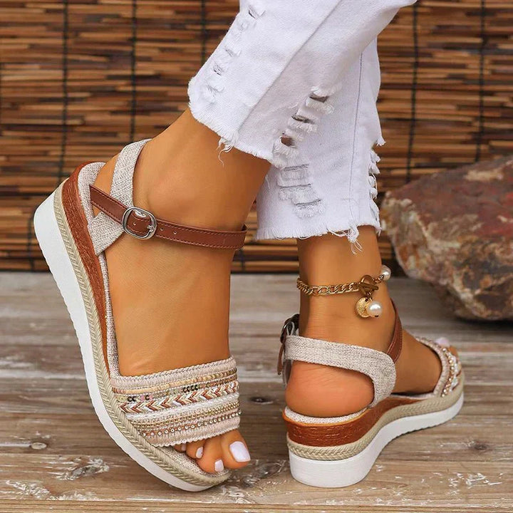 Woven espadrille wedge sandals with peep toe, brown buckle strap, patterned side trim