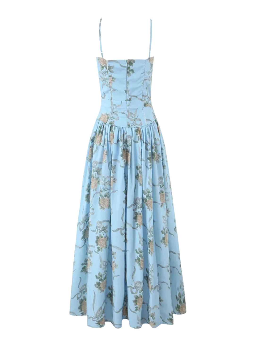 Light blue floral midi dress with spaghetti straps and gathered skirt