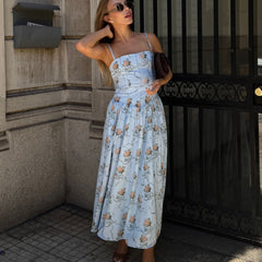 Blue floral midi dress with sweetheart neckline and thin straps