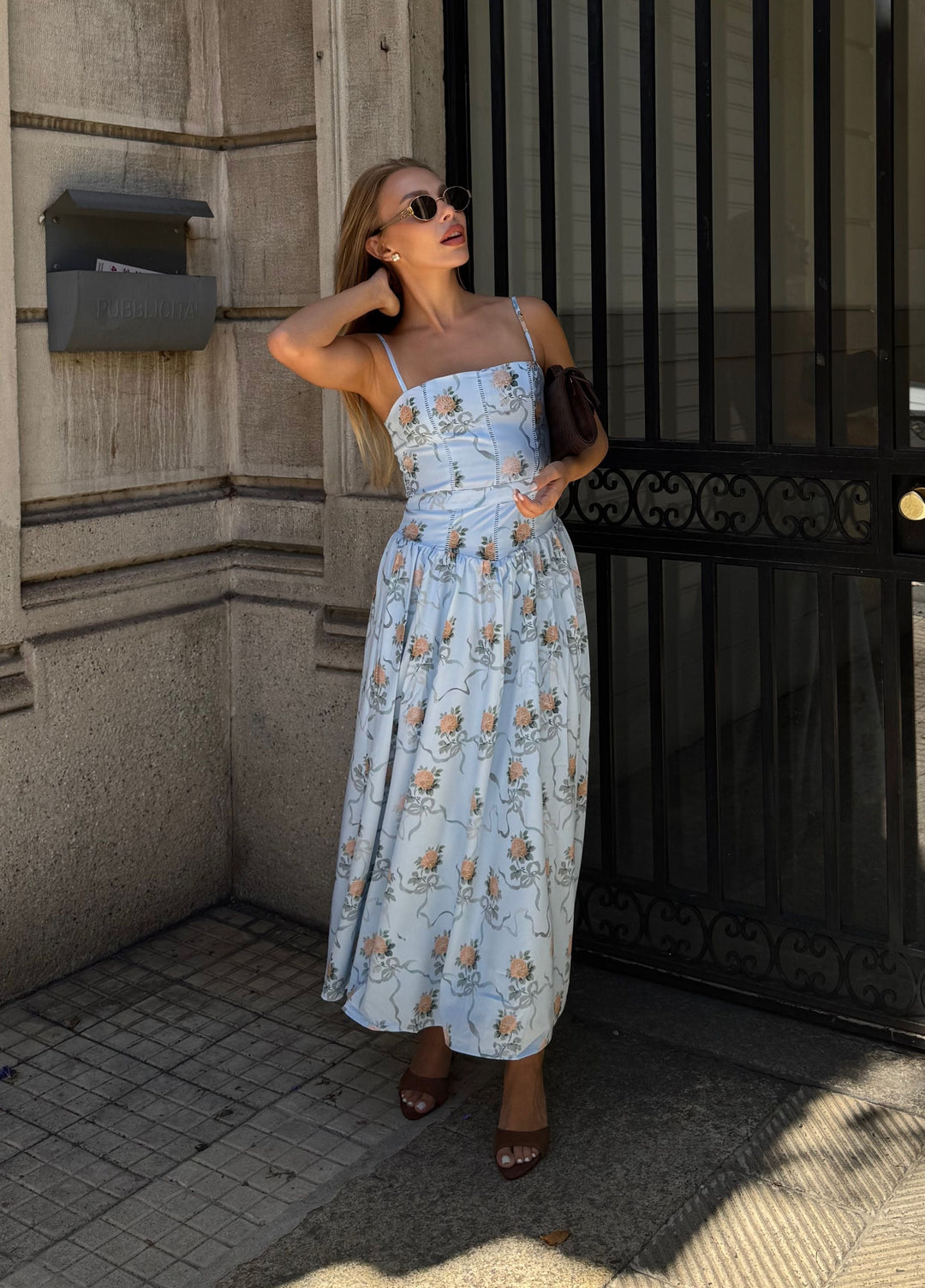 Blue floral midi dress with sweetheart neckline and thin straps