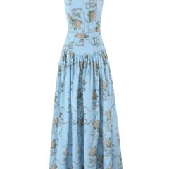Light blue floral midi dress with spaghetti straps, fitted waist, tiered skirt