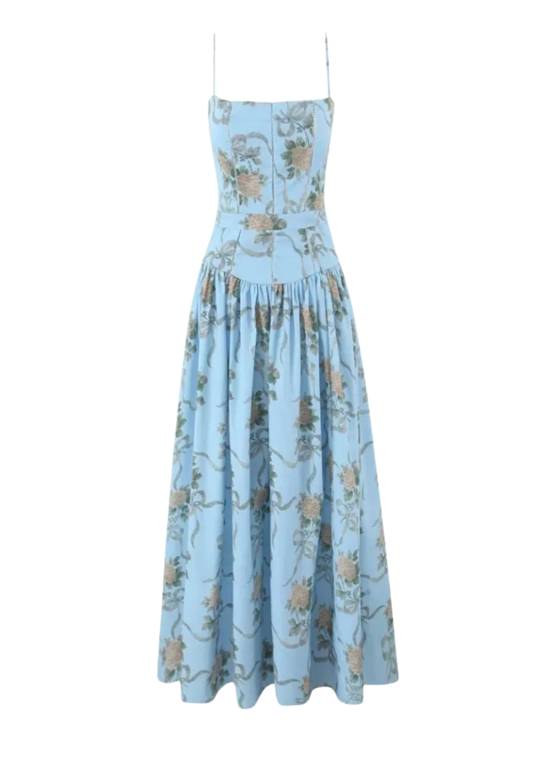 Light blue floral midi dress with spaghetti straps, fitted waist, tiered skirt