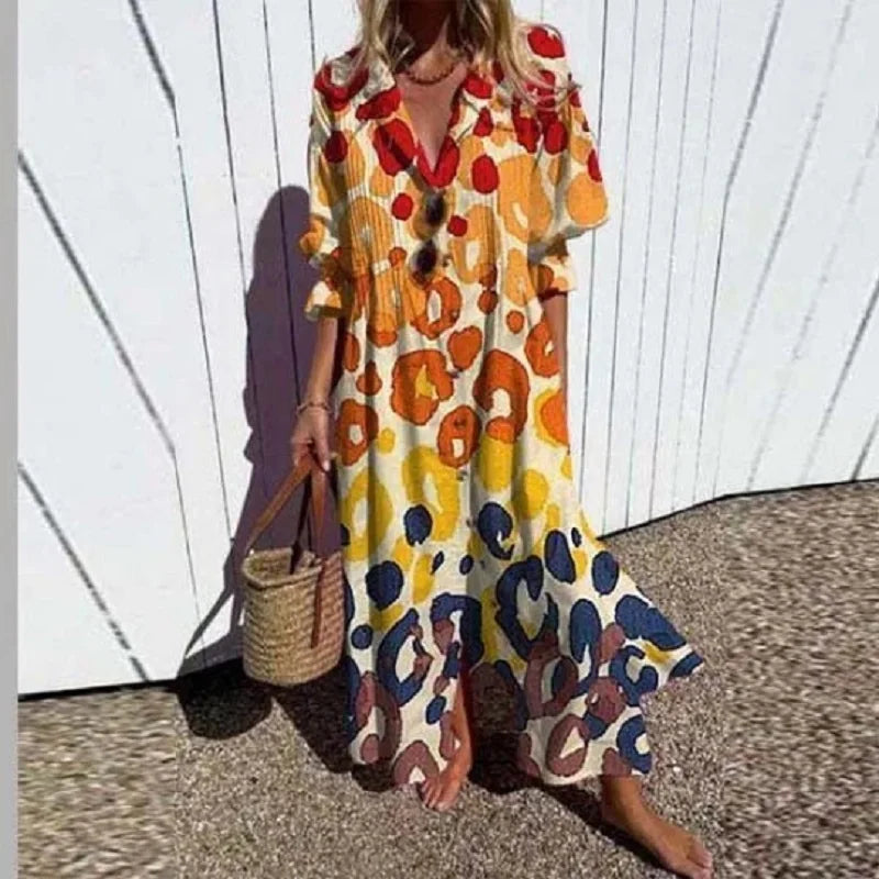 Boho maxi dress with orange and yellow dotted pattern, V-neck, short sleeves