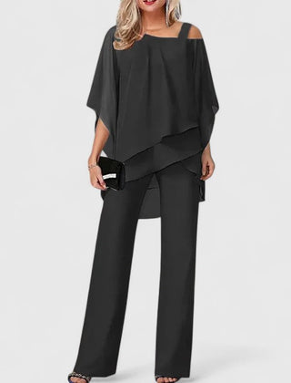 Black draped off-shoulder top and wide-leg pants two-piece set