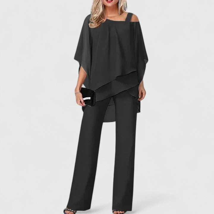 Black draped off-shoulder top and wide-leg pants two-piece set