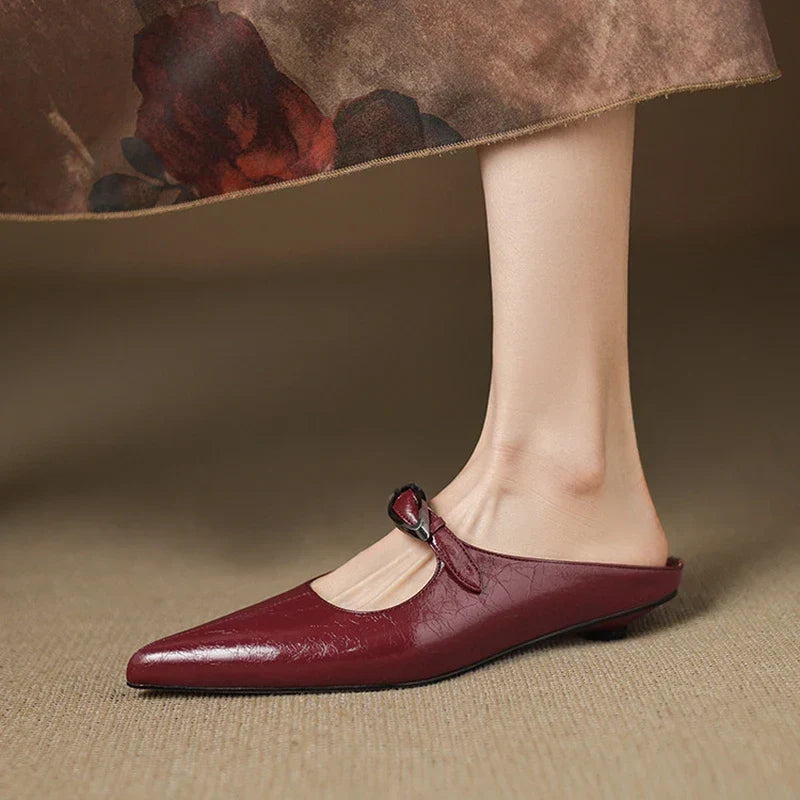 Alour genuine leather maroon mules with pointed toe and silver buckle strap, flat sole