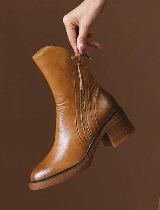 Tan ankle boots with side zipper and tassel pull, chunky block heel