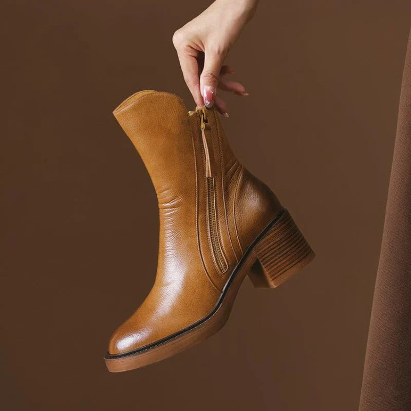 Tan ankle boots with side zipper and tassel pull, chunky block heel