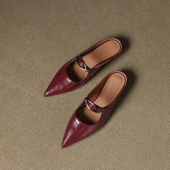 Alour genuine leather maroon mules set, pointed toe and silver buckle strap