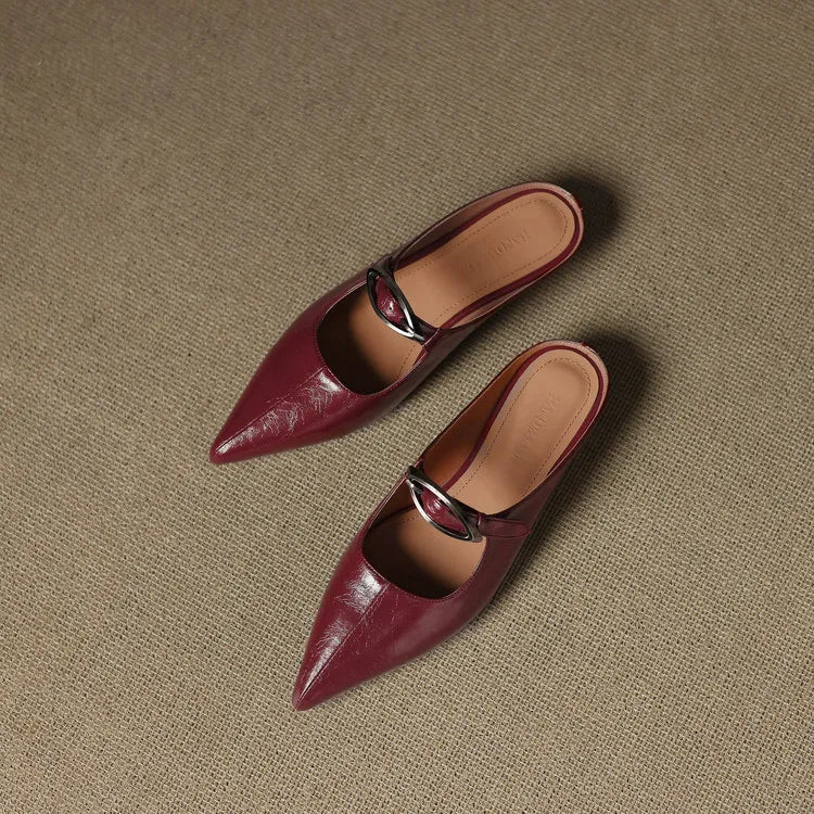 Alour genuine leather maroon mules set, pointed toe and silver buckle strap