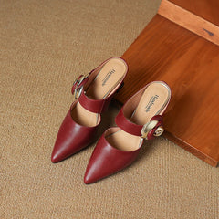Pair of maroon genuine leather slingback heels, pointed toe, rose ornament at ankle strap