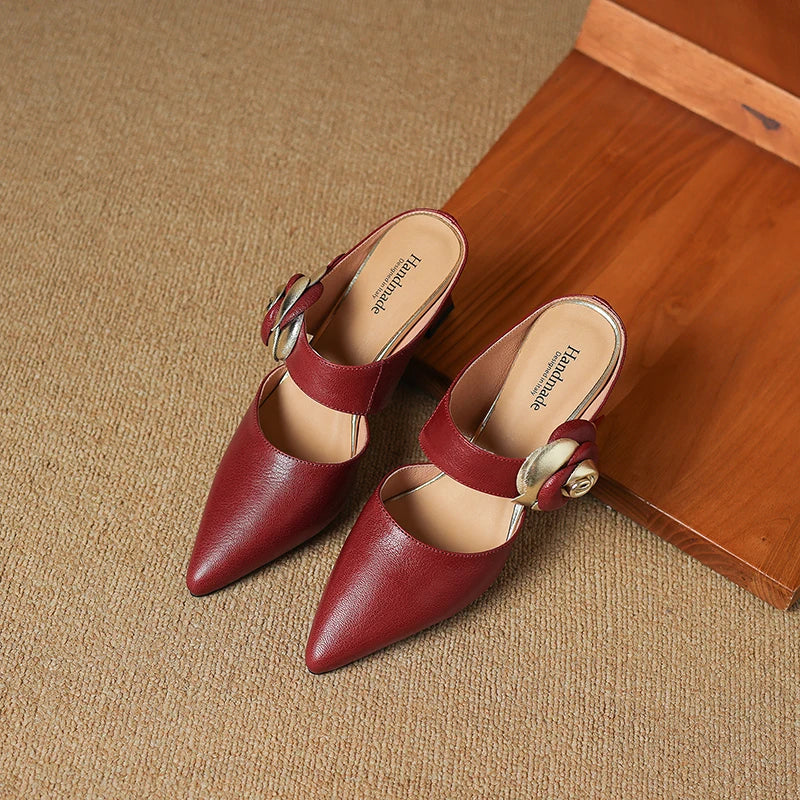 Pair of maroon genuine leather slingback heels, pointed toe, rose ornament at ankle strap