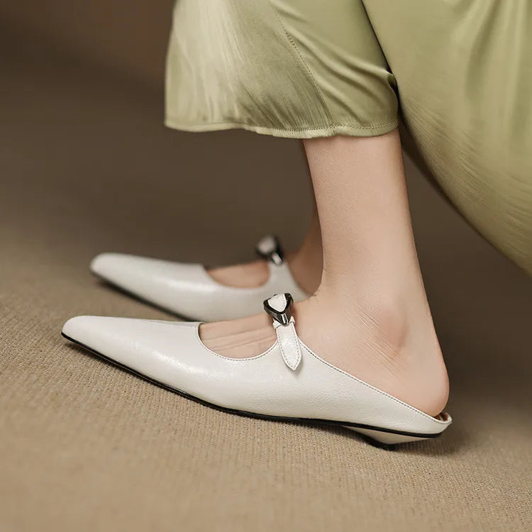 Alour genuine leather white mules with pointed toe and silver buckle strap, slip-on