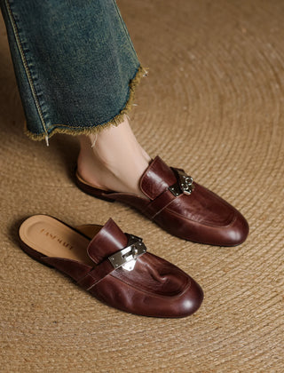 Maroon genuine leather mule loafers with silver buckle strap, closed toe