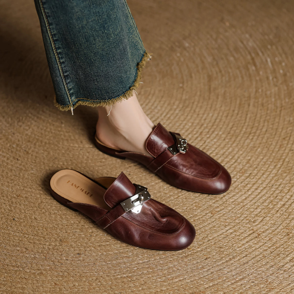 Maroon genuine leather mule loafers with silver buckle strap, closed toe