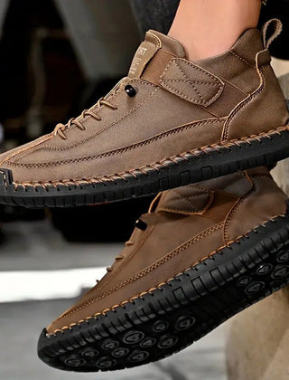 Orthopedic comfort sneaker in light brown with lace-up and textured rubber sole.