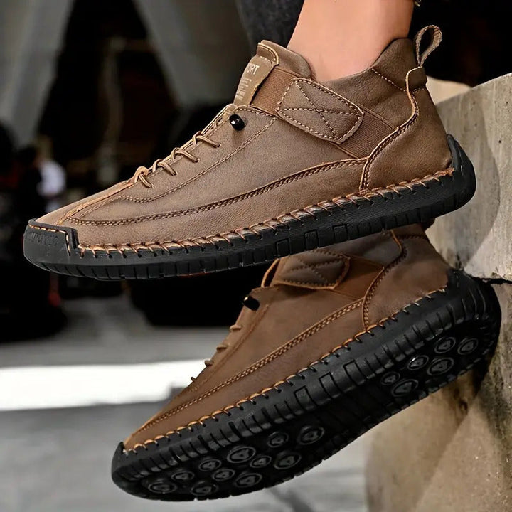 Orthopedic comfort sneaker in light brown with lace-up and textured rubber sole.