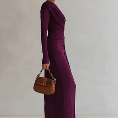 Elegant dark-purple one-shoulder maxi dress with ruched side drape, long sleeves