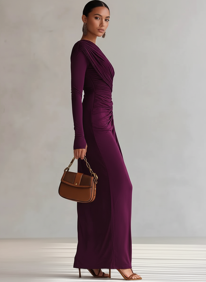 Elegant dark-purple one-shoulder maxi dress with ruched side drape, long sleeves