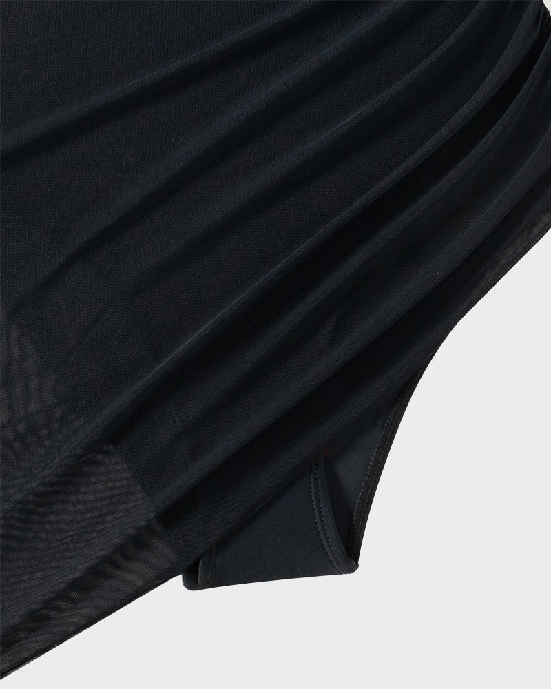 Black sheer mesh sarong wrap fabric with ruched textured drape