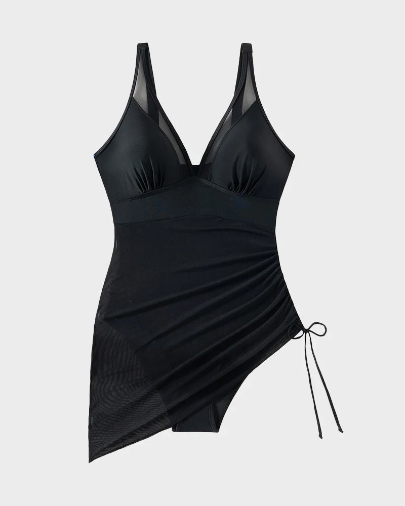 Black mesh sarong wrap swimsuit with V-neck bra top and ruched side tie