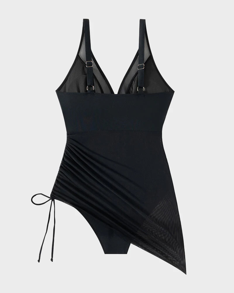 Black sheer mesh sarong wrap one-piece swimsuit with side tie drawstrings