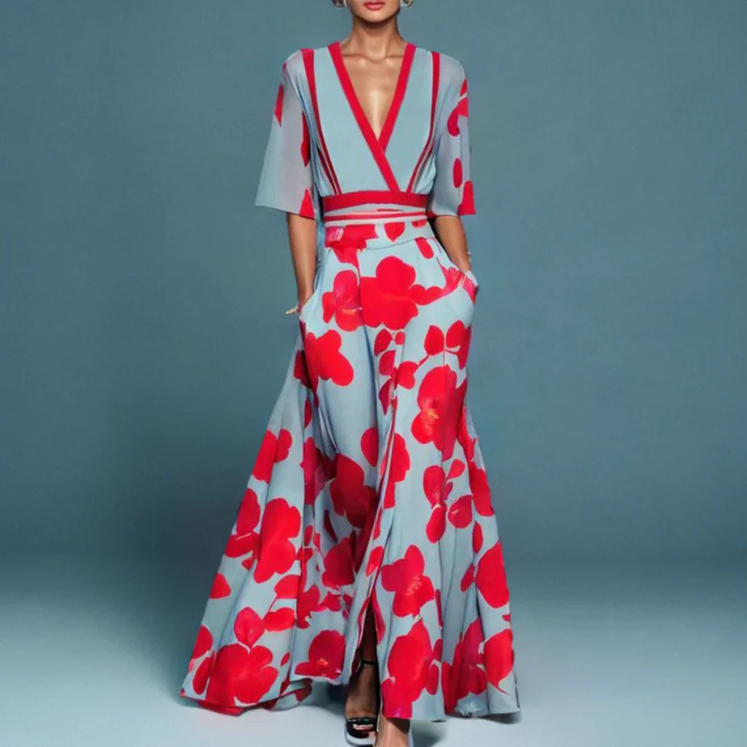 Floral wrap maxi dress in light blue with red flowers, V-neck and belted waist