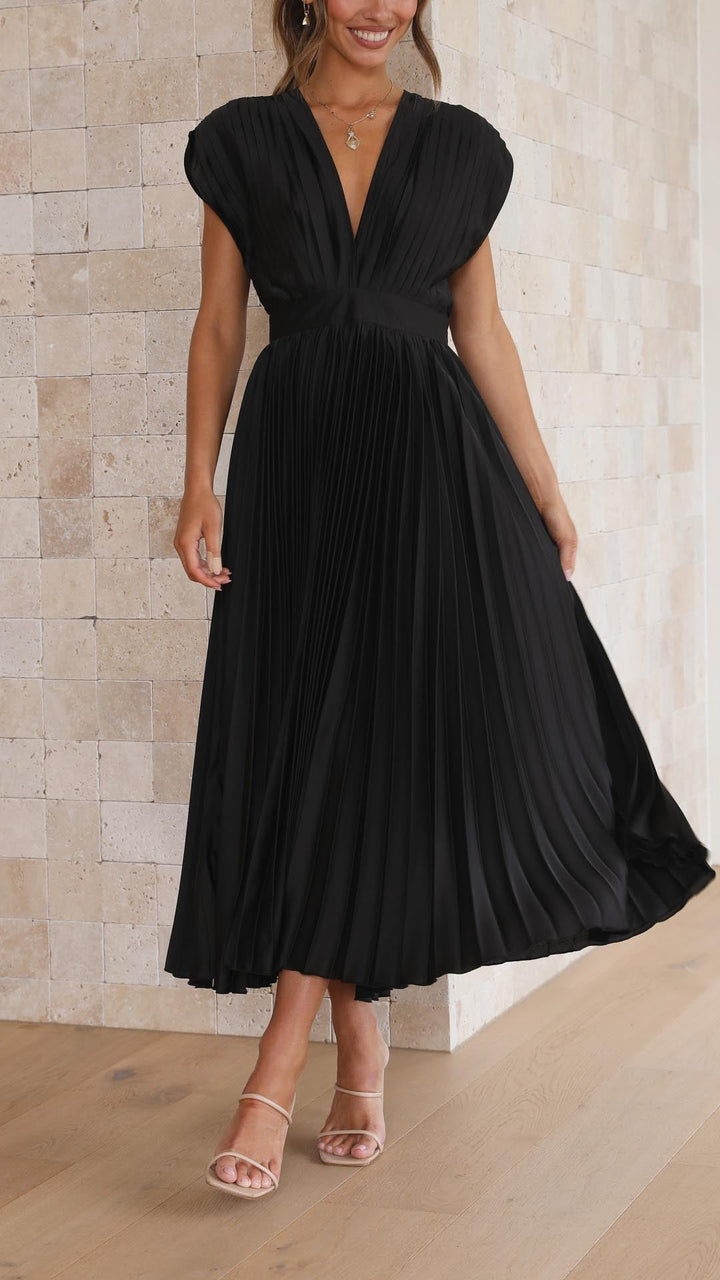 Black pleated V-neck midi dress with cap sleeves and cinched waist