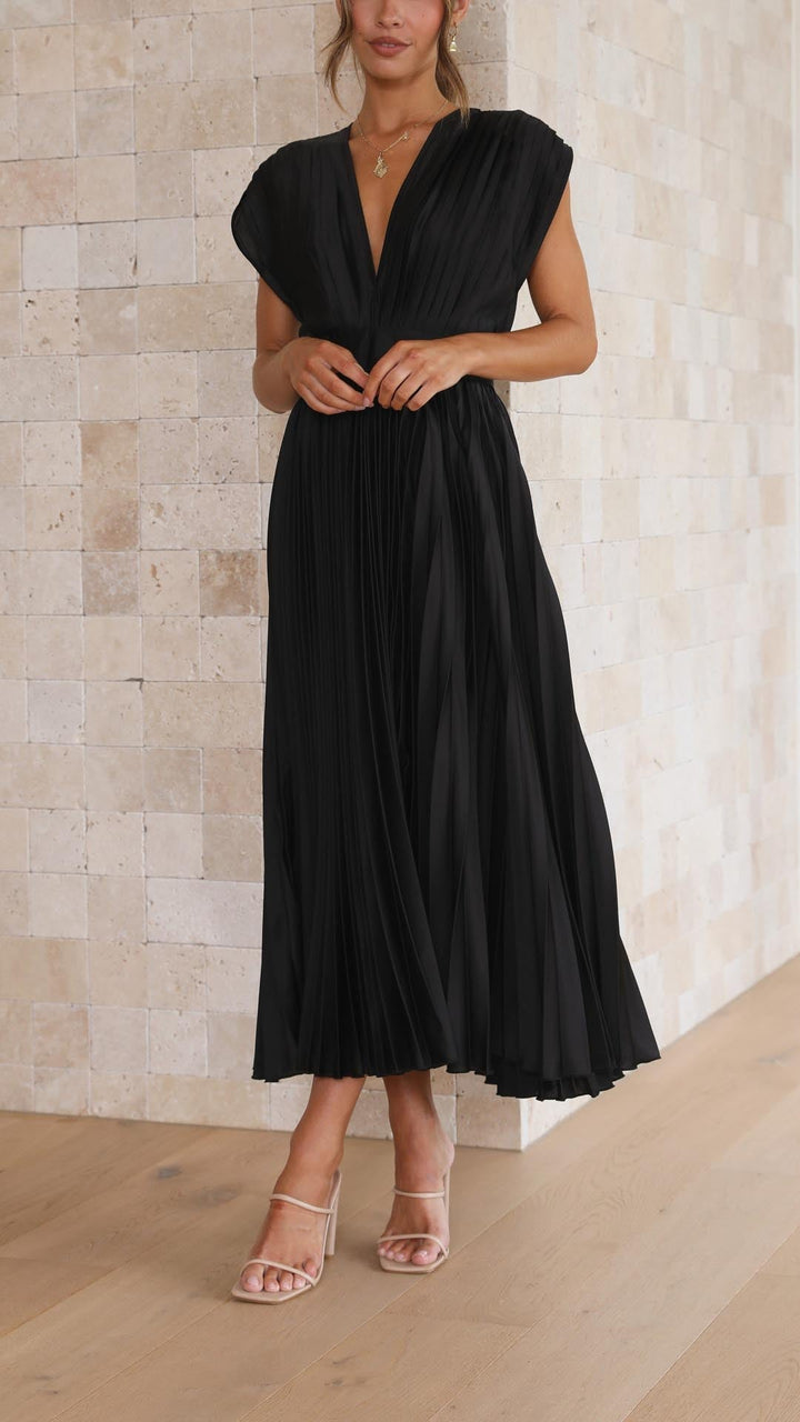 Black pleated V-neck midi dress with cap sleeves