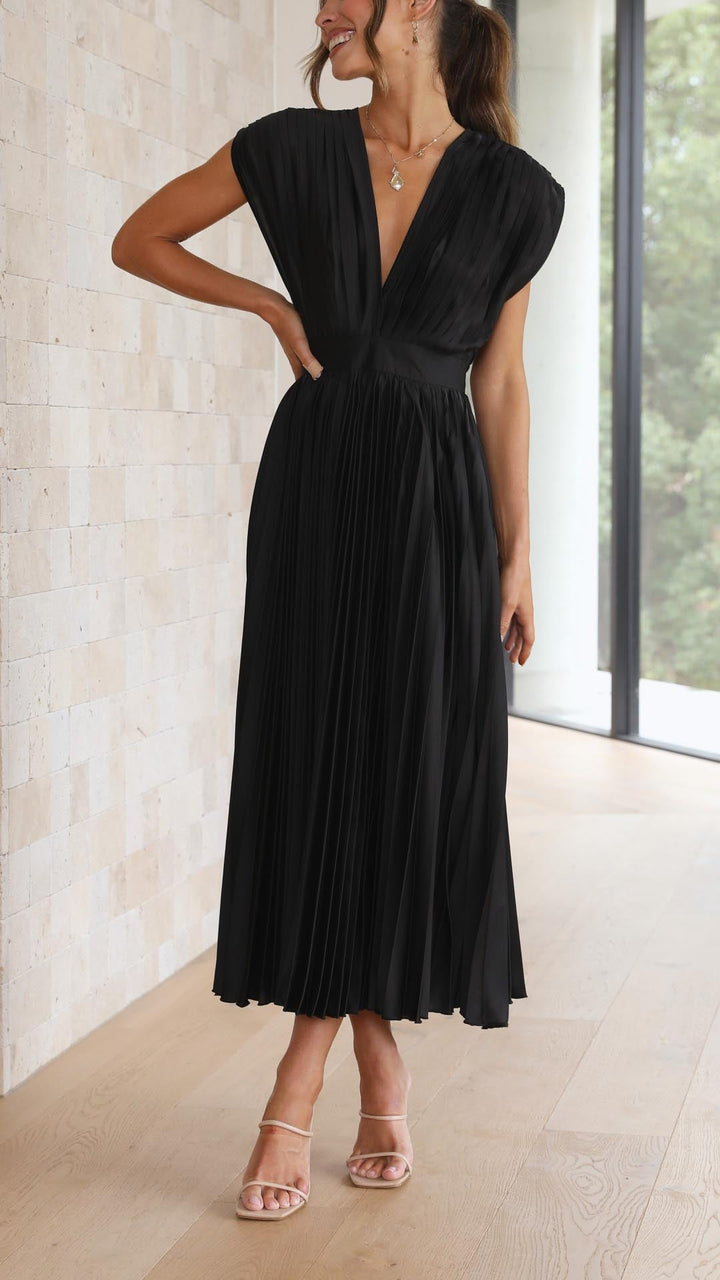 Marla™ elegant pleated black dress with V-neck and sleeveless gathered waist