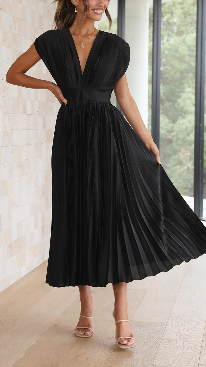 Black pleated V-neck midi dress with gathered waist and cap sleeves