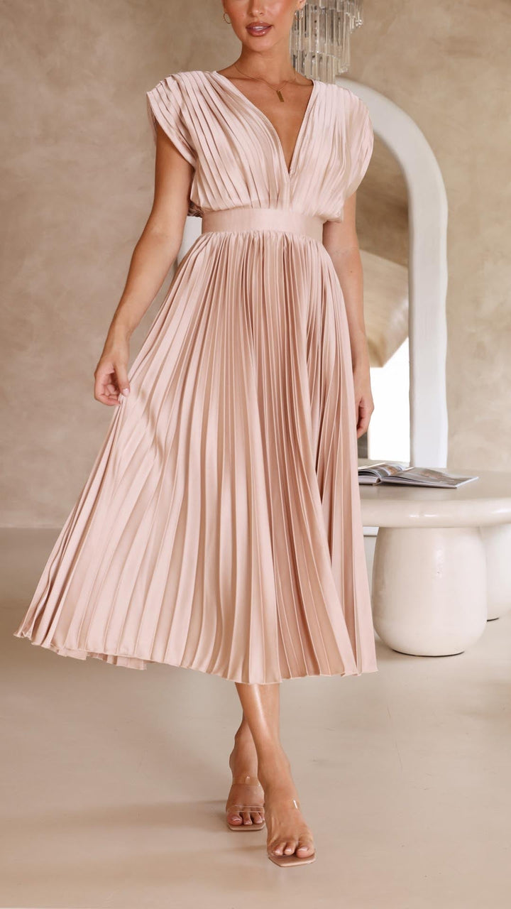 Champagne pleated V-neck midi dress with cap sleeves and cinched waist