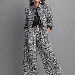 Black-and-white tweed blazer and wide-leg pants set with three-quarter sleeves