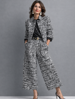 Black-and-white tweed blazer and wide-leg pants set with three-quarter sleeves