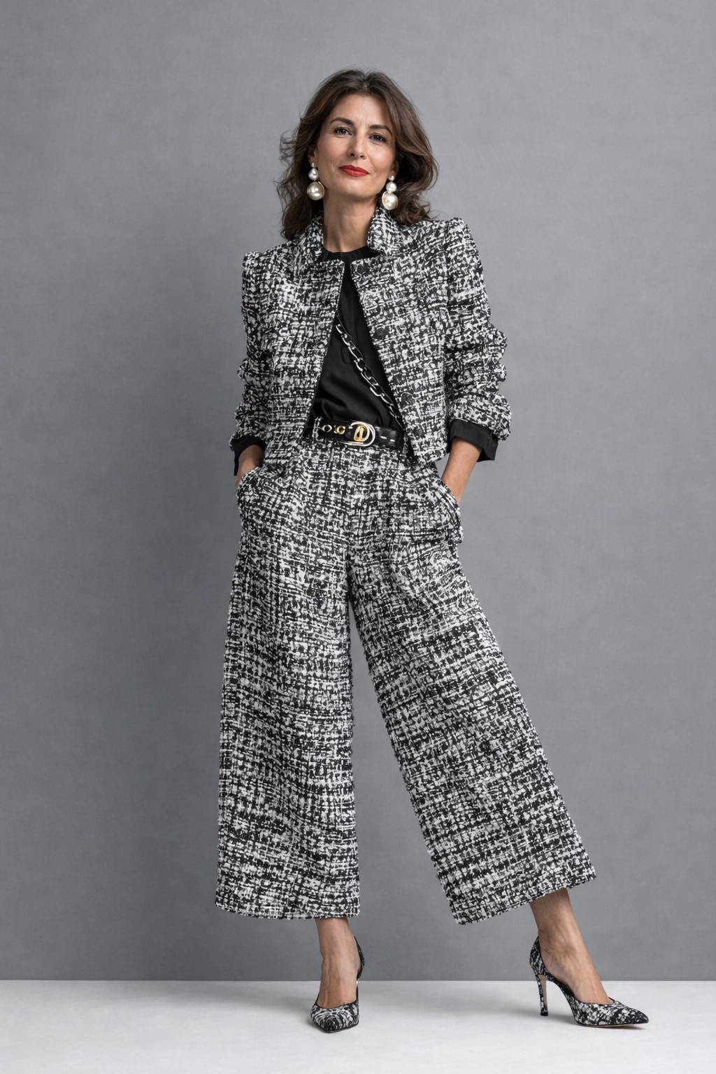 Black-and-white tweed blazer and wide-leg pants set with three-quarter sleeves