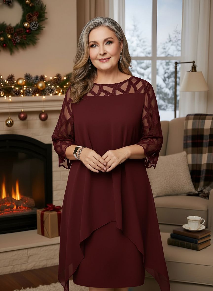 Red wine lace dress with sheer patterned sleeves and layered asymmetrical hem