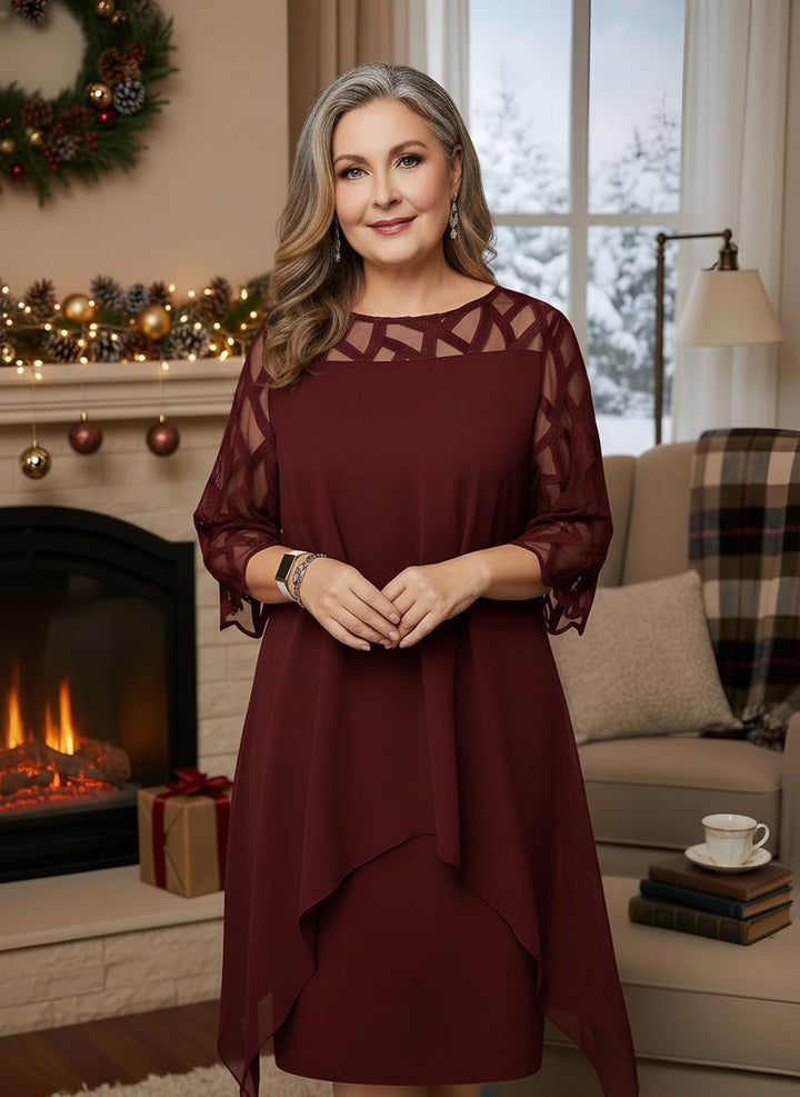 Red wine lace dress with sheer patterned sleeves and layered asymmetrical hem