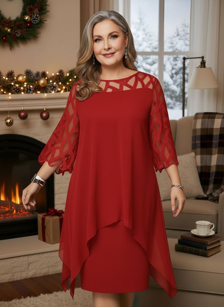 Red lace dress with sheer patterned sleeves and layered asymmetrical hem