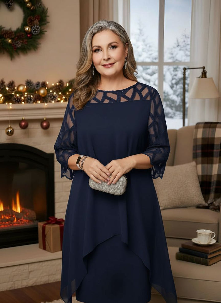 Deep blue lace overlay dress with sheer sleeves and layered asymmetric hem