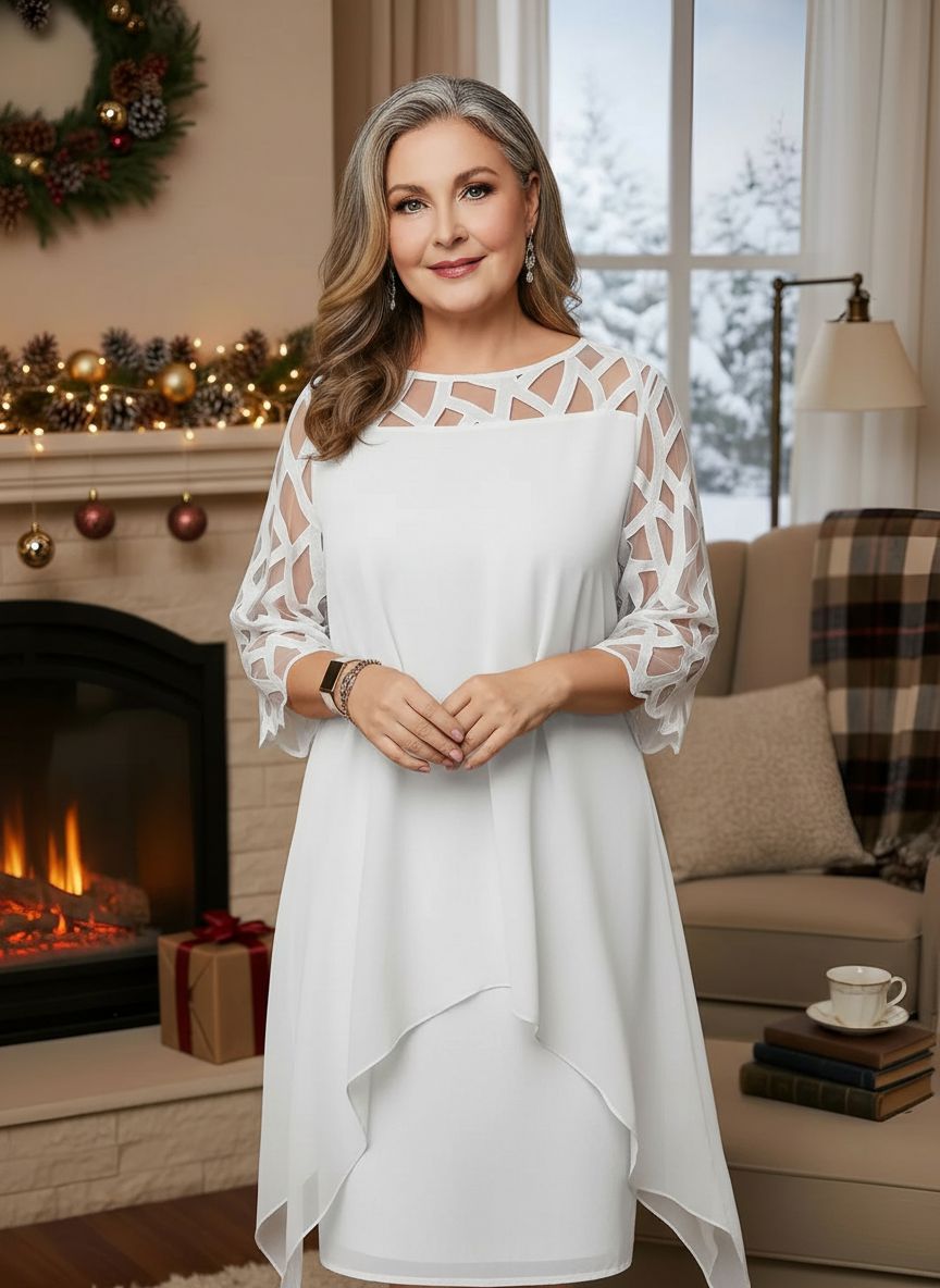 White lace dress with sheer patterned sleeves and layered asymmetrical hem