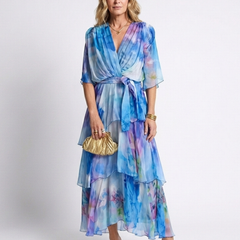 Blue sheer layered maxi dress with V-neck and tie waist, tiered ruffle skirt