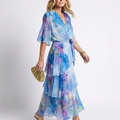 Blue and pink tie-dye sheer maxi dress with V-neck, layered tiers, tie waist
